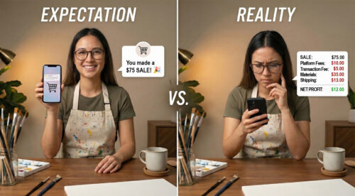 Artist looking at phone sale notification while calculator shows reduced profit from platform fees