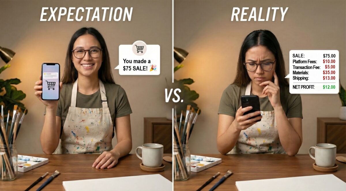 Artist looking at phone sale notification while calculator shows reduced profit from platform fees